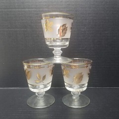 3 Libbey Glasses Gold Leaf Foliage Frosted 6 oz Wine Water Vintage Glass Set
