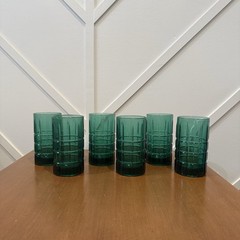 Vintage Anchor Hocking Tartan Plaid Emerald Green 16 Oz. Glass Tumblers Set Of 6