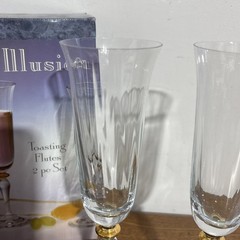 Paul Revere Crystal Optic Illusion Long Flute Glasses Gold Accent 2 Pcs Set 9” H