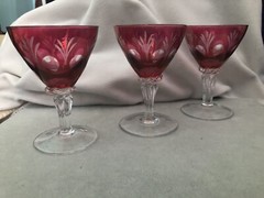 Cranberry Glass Ruby Etched Sherry Wine Glasses Goblets 1930s-1940s Set of 3