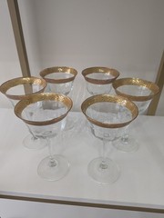 Vintage Gold Encrusted Wine Goblets Set of 6 Ornate Floral Rim Optic Glass 7″