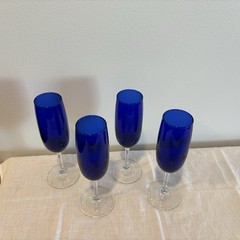 Vintage Set of 4 Cobalt Blue Glass Long Stem Champagne/Wine Flutes 8” ELEGANT!
