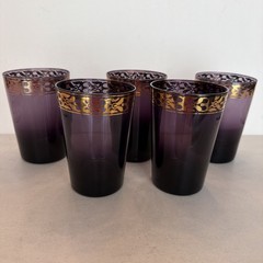 (5) Vintage Amethyst Pier 1 Imports Purple Blown Glass Tumblers Gold Trim