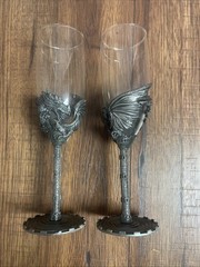 Dragon Pewter Champagne Flutes Pair Fantasy Gothic Glass Goblets Set