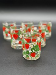 Set of 6 Vintage Strawberry Juice Glasses Rocks Tumblers Floral Approx 3” Retro