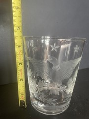Vintage Etched Glass Eagle w/Stars Whiskey Tumbler Low Ball 4.5″H by 3.5″ W