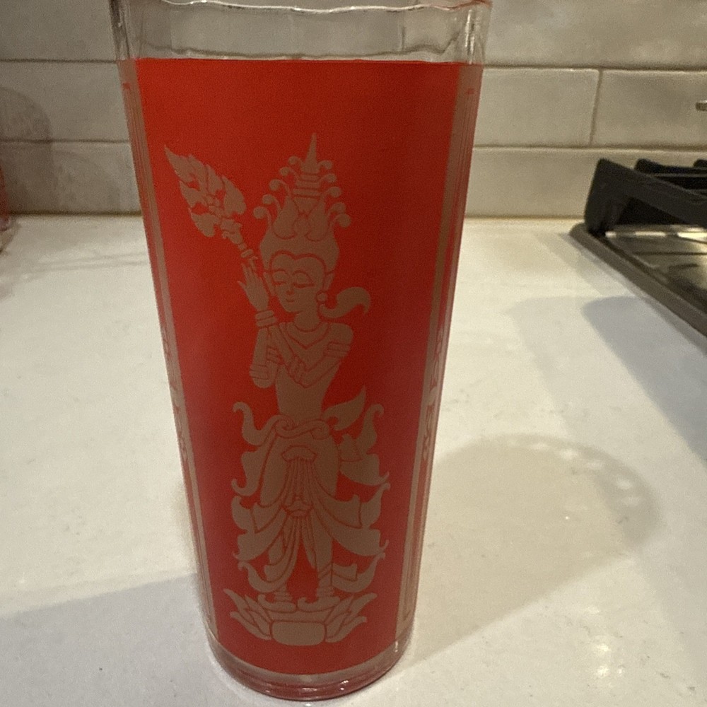 Vintage 1960s MCM Culver MANDALAY Red Siam Thai Goddess Glass Tumbler Ribbed
