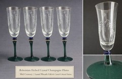 4 Pc European Bohemian Etched Crystal Champagne Flutes Cobalt Blue, Green Stems
