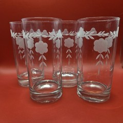 Mid Century Frosted Floral Highball Glasses Set of 4 White Flower Swag Retro