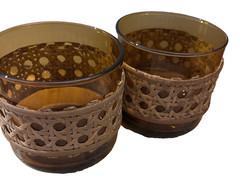 Pair 1970s Amber Juice Drink Blown Glasses w/ Rattan & Wicker CANE Collars 8oz