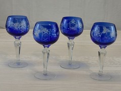 4 – Vintage Cobalt Cut to Clear Crystal Glasses Wine Goblets 6 3/4” tall Blue