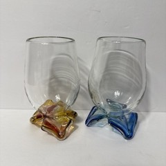 Set Of 2 Wine Glasses Beautiful Footed Hand Blown Art Glass Blue And Amber Rare
