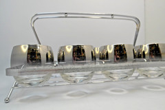 Vintage Roly Poly Glass Set of 8 with Caddy Dorothy Thorpe Style Silver Rim MCM!