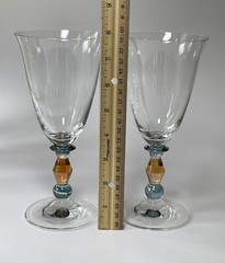 Clear Glass Water Goblet With Blue & Orange Stem Set of 2 Glasses 7.75”