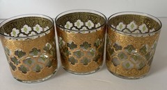Vintage Set of 3 Culver Valencia Tumbler Glass with 24k Gold and Green Diamonds