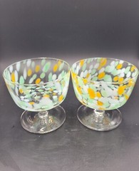 Set Of 2 Mint White Yellow Spotted Float Dessert Sherbet Coupe Footed Glasses