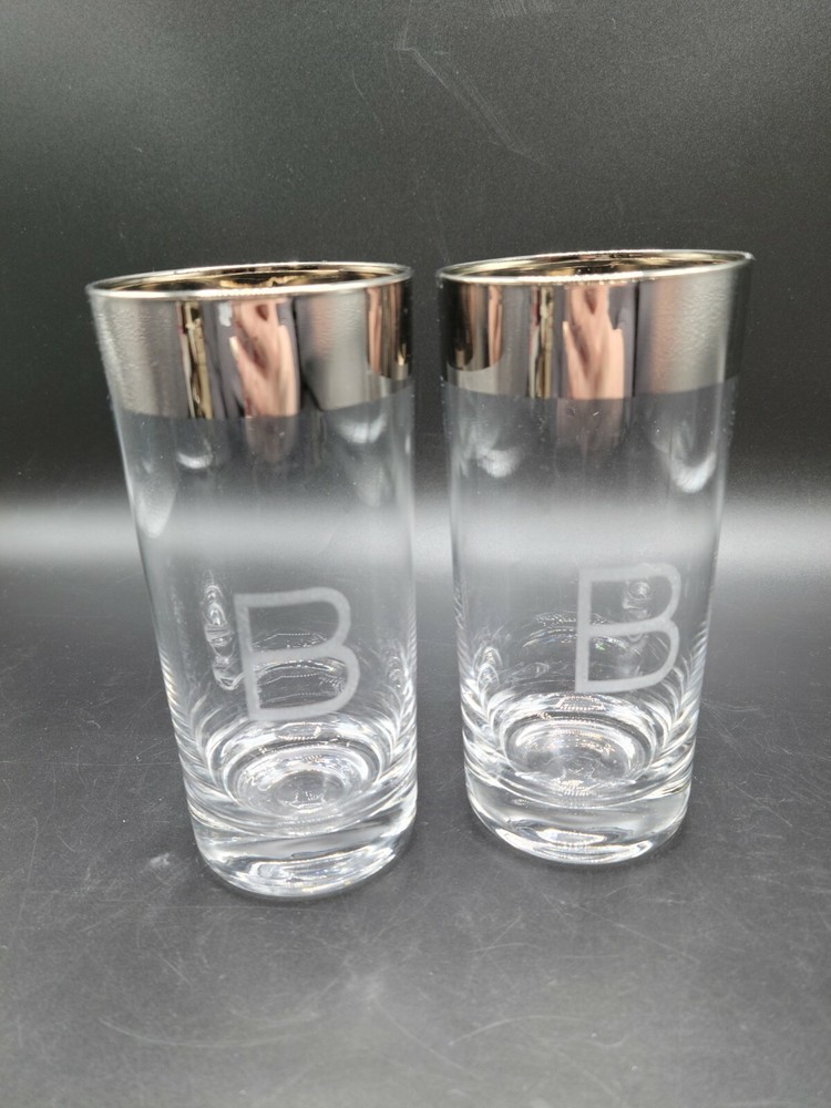 Vintage Wide Silver Band Iced Tea Glasses With Frosted «B» Monogram, Set Of 2