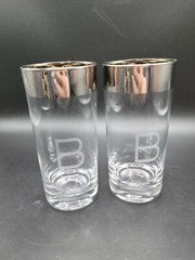 Vintage Wide Silver Band Iced Tea Glasses With Frosted «B» Monogram, Set Of 2