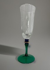 4 Pc European Bohemian Etched Crystal Champagne Flutes Cobalt Blue, Green Stems