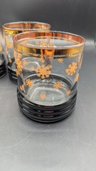 Sakura-4- Ribbed Low Ball Glasses MCM Retro Black Gold Atomic Star Burst