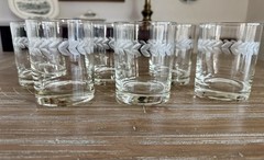 6 Vtg Etched Laurel Leaf Double Old Fashioned Rock Glasses 4″ Heavy Bottom MCM