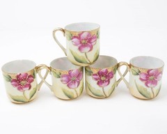 Antique Lot of 5 Porcelain Demitasse Cups Pink Flowers Gilt Moriage Japanese