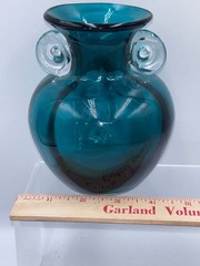 Teal Green Art Glass Vase Applied Clear Handles Hand Blown 5″ Tall