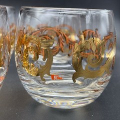 Six (6) MCM Cera 22k Gold Scroll Roly Poly Rocks Glasses Low Ball Tumblers