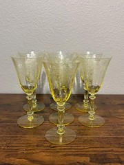 SET(7) VTG Cambridge Yellow 7.25″H Apple Blossom Glass Water Goblets Uv Reactive