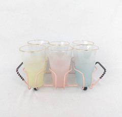Vintage Blendo Pastel Highball Cocktail Glasses w/ Caddy, Pink Yellow Blue