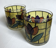 Vintage Tulip Design Pattern Low Ball Cocktail Stained Glasses Set of 2