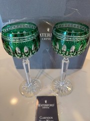 Pair of Waterford Crystal Clarendon Emerald Green Cut-to-Clear Hock Wine Glasses