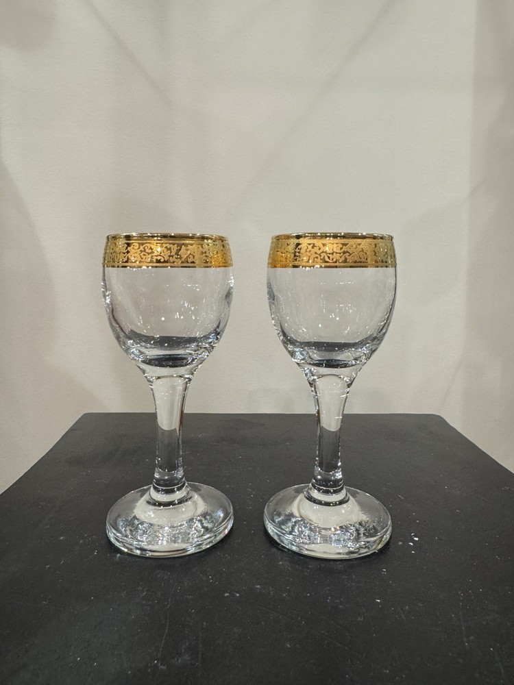 Two Cristalleria Fratelli Fumo Wine / Cordial Glasses With 24K Gold Trim