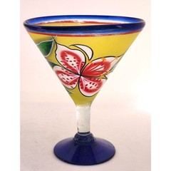 Pair Hand Painted Floral Margarita Glasses Blue Rim Yellow Mexican Style Set 2