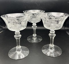 3 Tiffin Franciscan Fuchsia Champagne 5.5″Tall Sherbet Etched Flower Stem USA