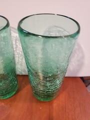 Pair of Blown green crackle glass tumblers, 6″ tall, very pretty 5C
