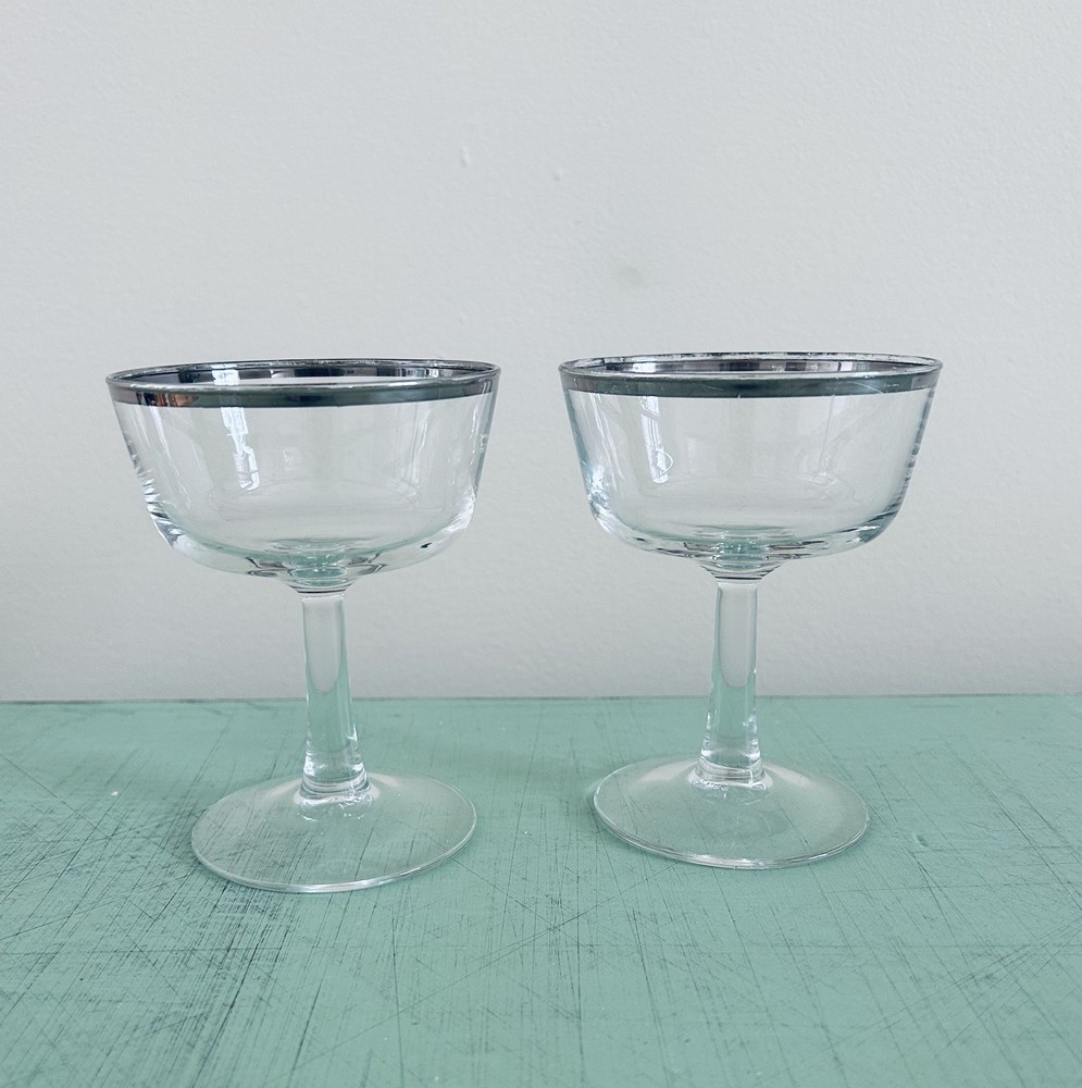 2 Vtg French Silver Rimmed Champagne Glasses Coupe Cocktail MCM Thorpe Style