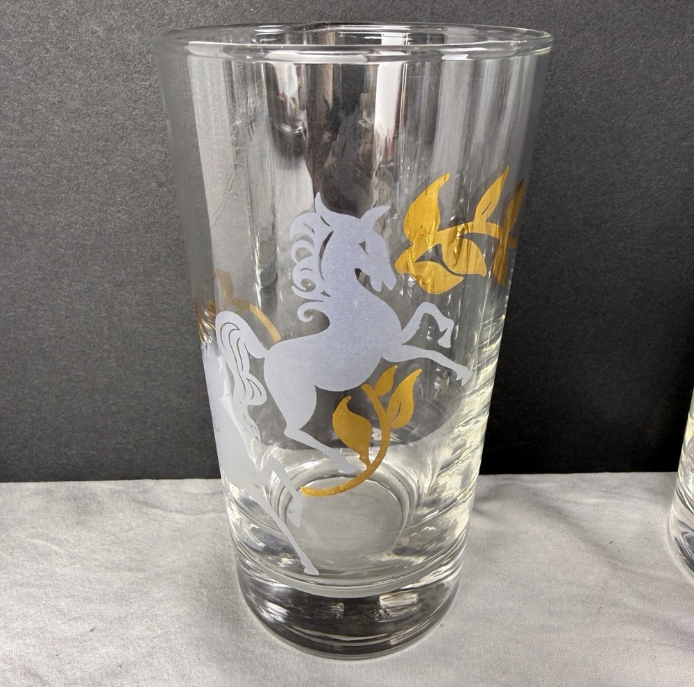 1 MCM Libbey Prancing Colts High Ball Glass 24K Gold Dancing Horses Unicorn EUC