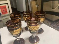 5 Gilded Imported cordial glass, unique Bottle Stoppers plus other goodies