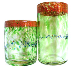 2~BLOWN GLASS~Green~SPOTTED~Wide Border~4.25″x3.25″~ROCK GLASS~6″x3.25″~TUMBLER