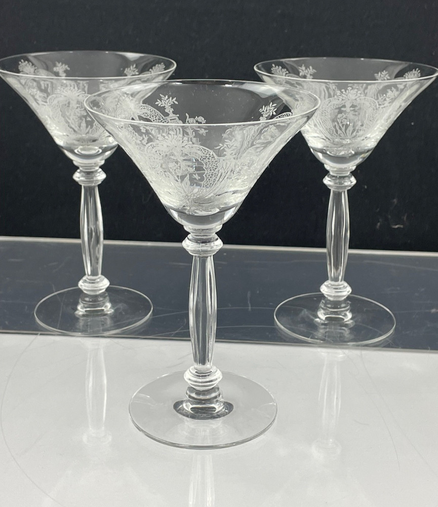 Set of 3 Vintage Tiffin Glass Elegant La Fleur Pattern Champagne / Tall Sherbert