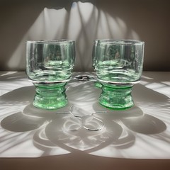 Lot of 4 Libbey Green Depression Glasses Tudor Style Ringed, in a Chromed Holder