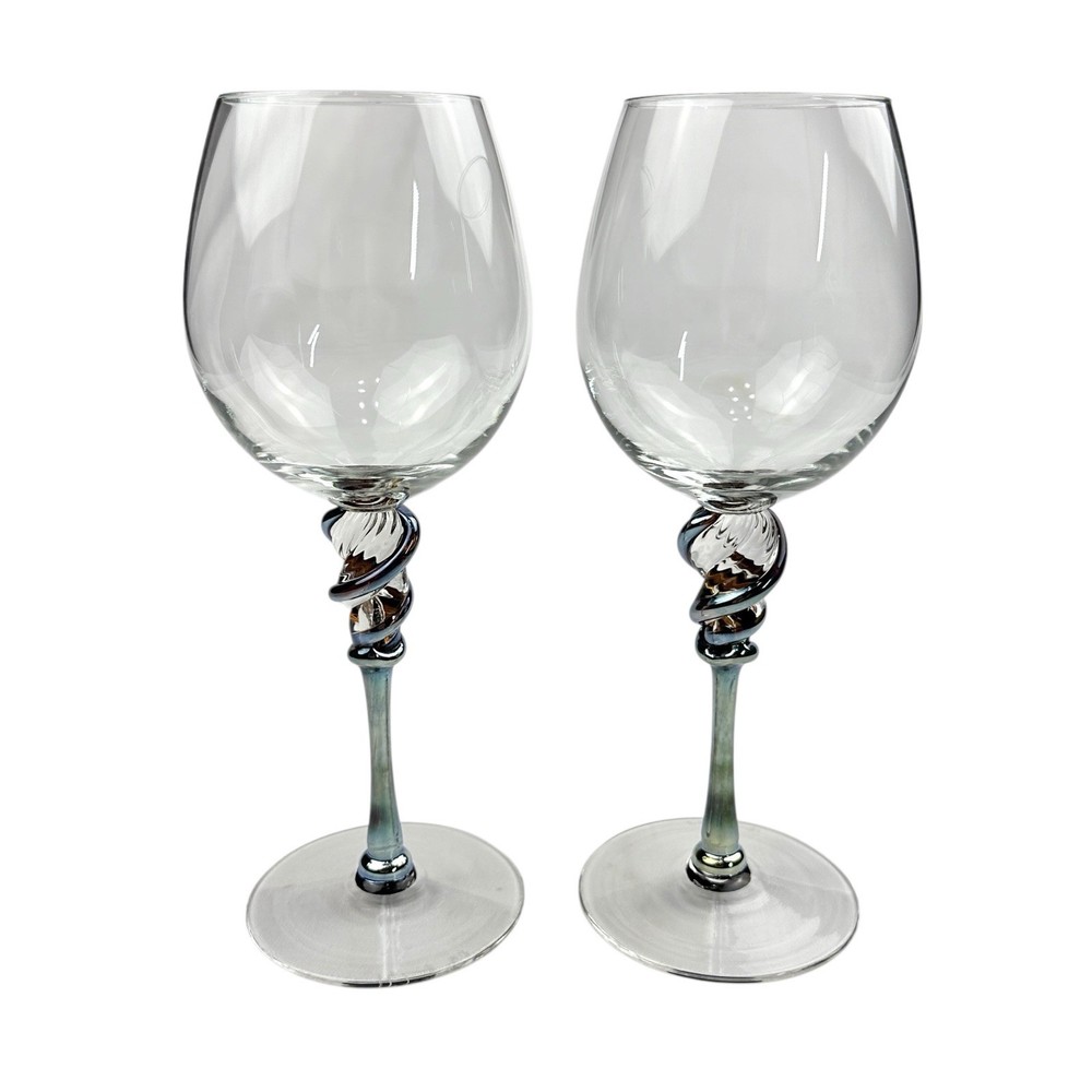 Pair Romeo Art Glass Wine Goblets Minh Martin 10.25″ Tall Iridescent Water Stem
