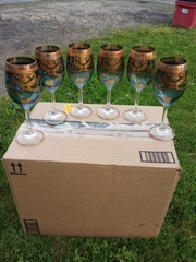 Murano Prezioni Italian Wine Glasses Blue/W 24k Hand Applied Accent Set Of 6 New