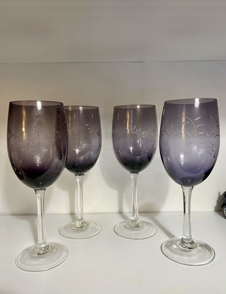 4-Tall Water/Wine Goblets, Clear Stem Purple/amethyst Stemware 8.5″. Rare
