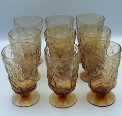 9 Vintage Seneca Driftwood Amber Water Goblets Crinkle Glass MCM Footed SET OF 9