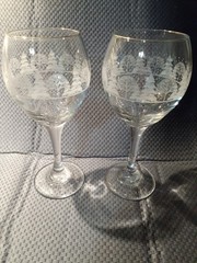 Vintage ’80s Set 2 Libbey Frosty Pines Wine/Water Glasses 12 oz 8″ Gold Trim