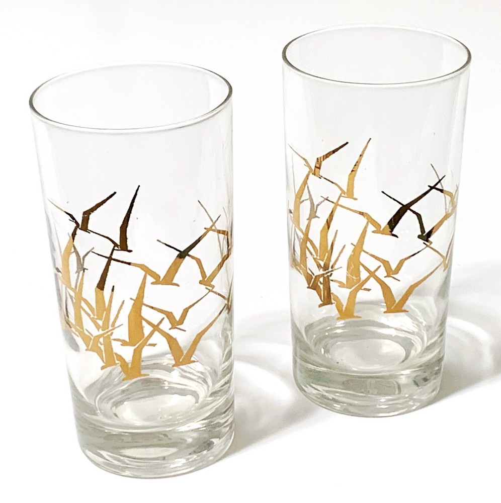 Flying Gold Birds on Clear Glass Vintage Mid-Century Tumblers, Set of 2