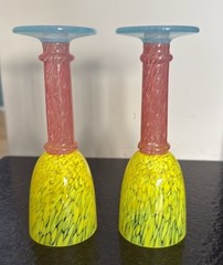 2 Colorful 6″ Aperitif Cordial Solid Stem Frit Studio Art Glasses USA