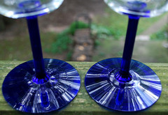 Antique Set 2 WATER GOBLET GLASSES Hand Blown ETCHED BOWL w/ COBALT BLUE STEMS